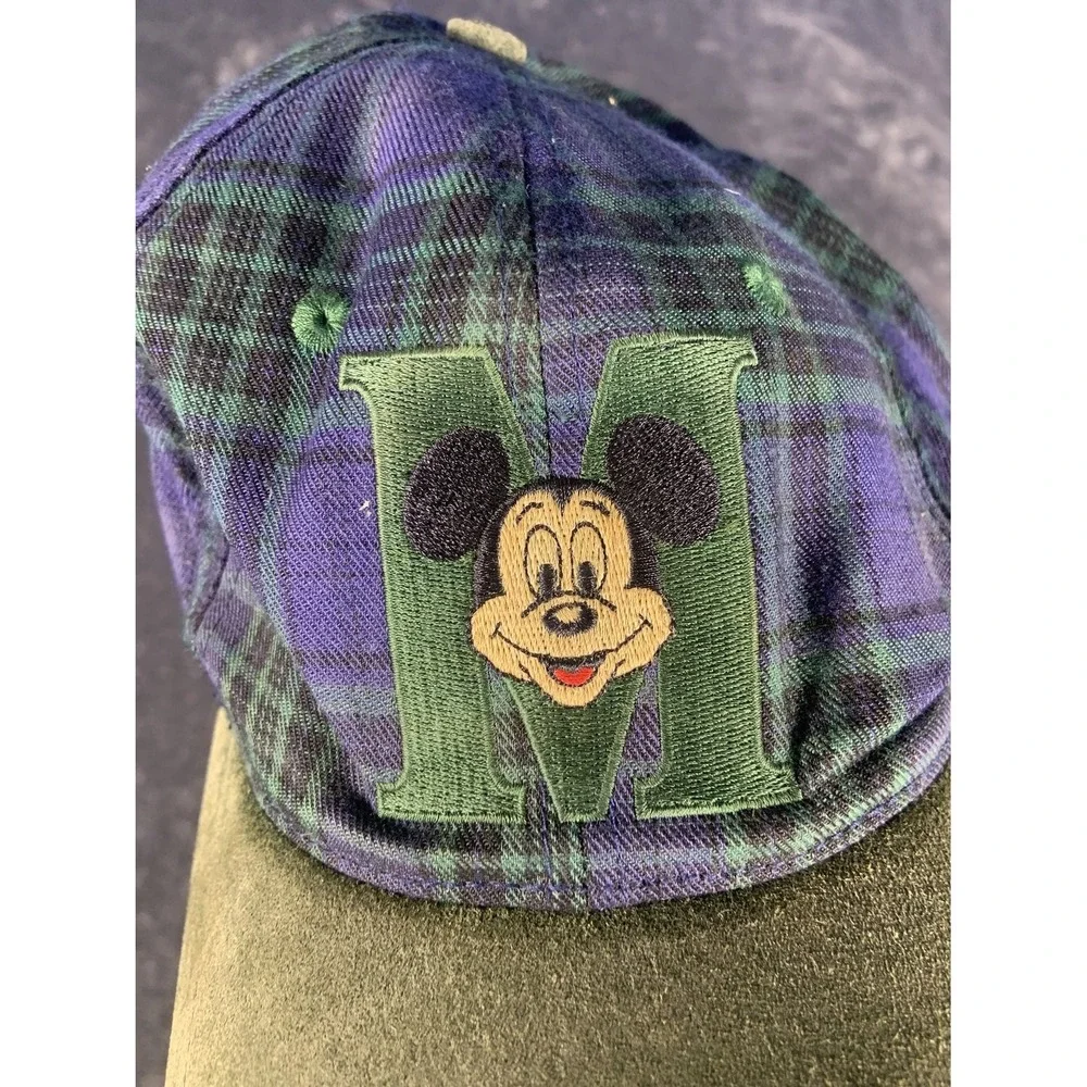 Vintage Disney Mickey Mouse Black Watch Plaid Flannel Snapback Hat 90s Cap Suede